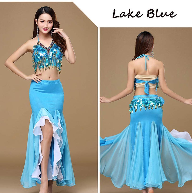 ORIDOOR Women's Belly Dance Dress Belly Dance Crop Top Bra Top and Belt Chiffon Dancing Skirts Costume 3-piece Outfit Lake Blue - Image 2